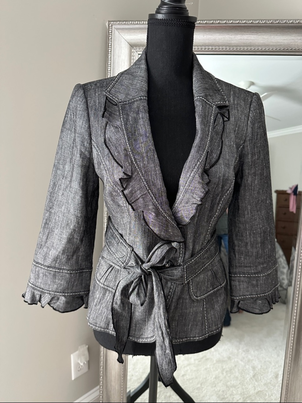 White House Black Market Charcoal Ruffle-Trim Tie-Waist Blazer
